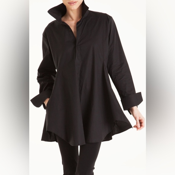 planet Tops - Planet By Lauren G Cotton Smock Shirt in Black